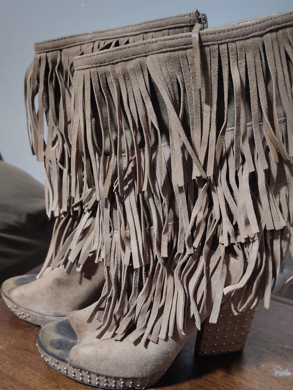 Fringed Suede Ankle Boots - Taupe